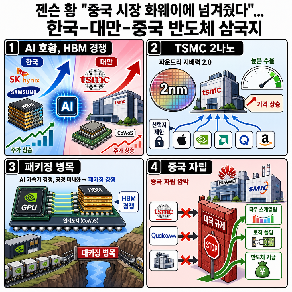 젠슨 황 "중국 시장 화웨이에 넘겨줬다"…한국-대만-중국 반도체 삼국지 / 오그랲 / 비디오머그 내용을 설명하는 본문 이미지