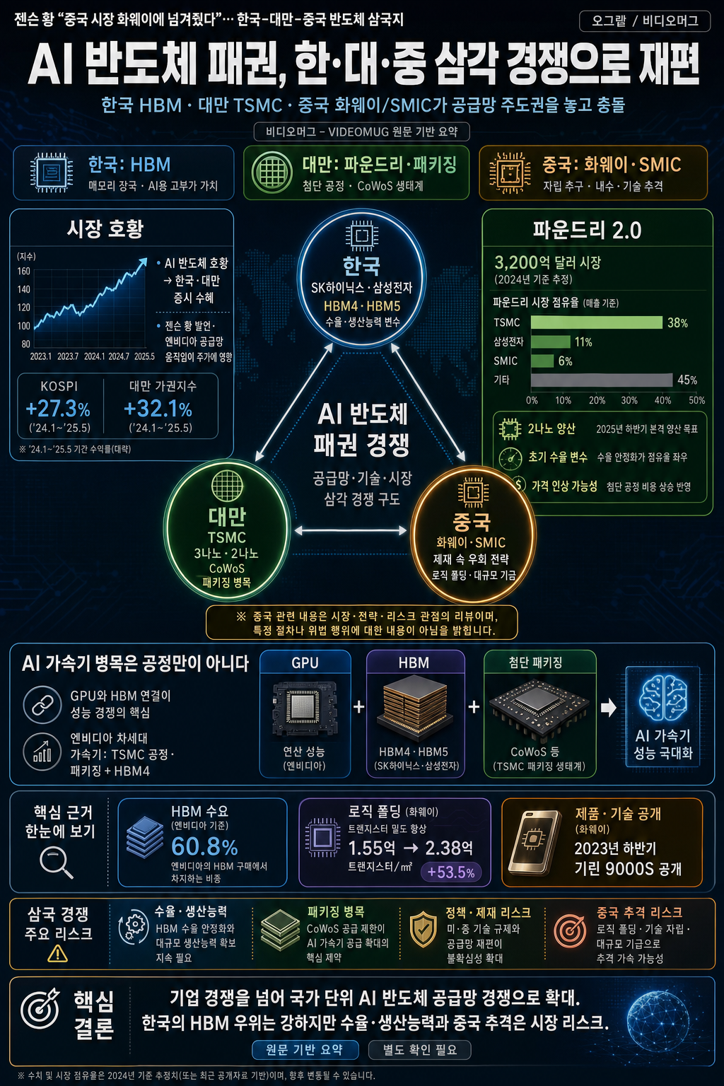 젠슨 황 "중국 시장 화웨이에 넘겨줬다"…한국-대만-중국 반도체 삼국지 / 오그랲 / 비디오머그 내용을 설명하는 본문 이미지
