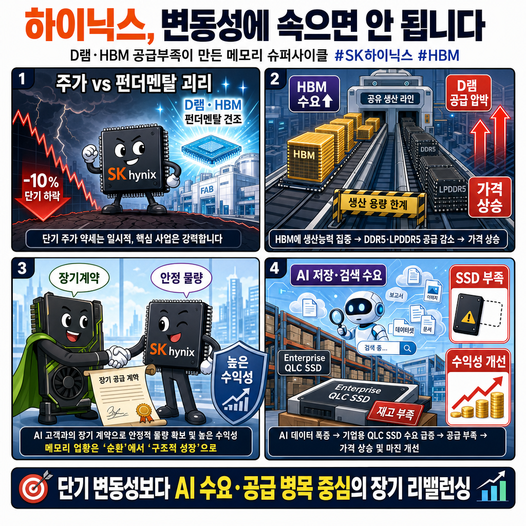 하이닉스, 변동성에 속으면 안 됩니다" D램·HBM 공급부족이 만든 메모리 슈퍼사이클 #SK하이닉스 #hbm 내용을 설명하는 본문 이미지
