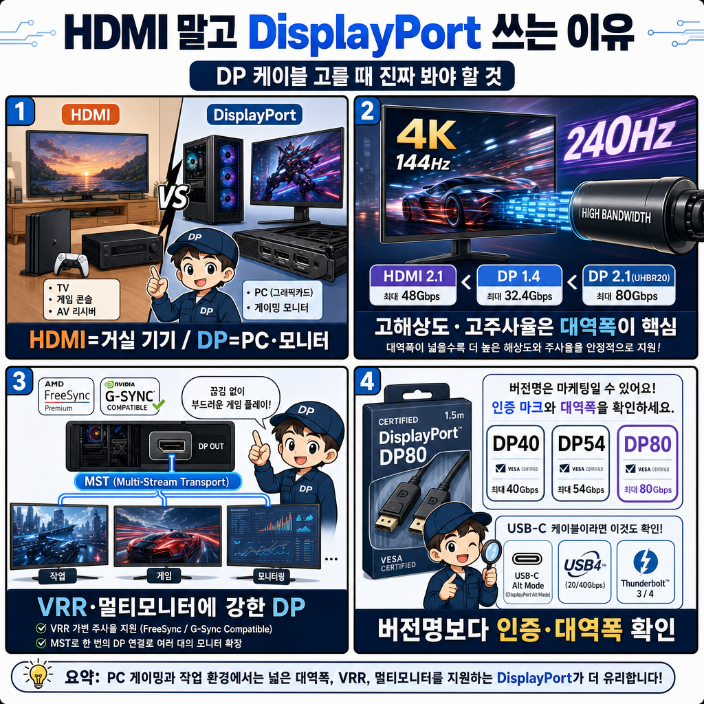 HDMI 말고 DisplayPort 쓰는 이유…DP 케이블 고를 때 진짜 봐야 할 것 내용을 설명하는 본문 이미지