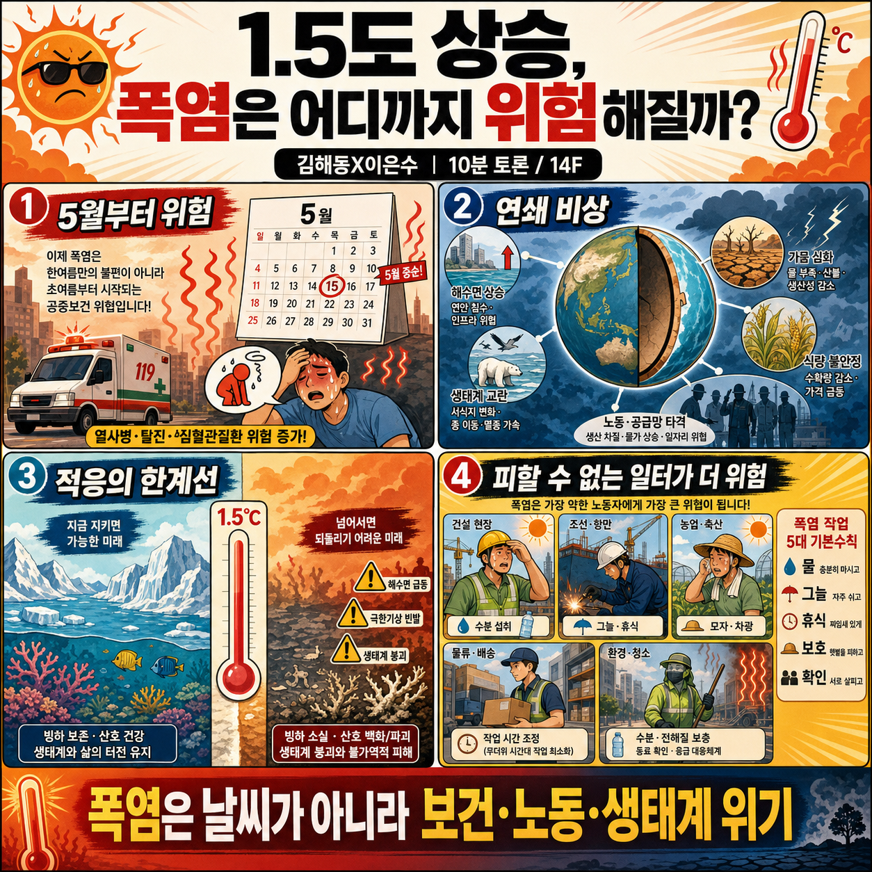 5도 상승, 폭염은 어디까지 위험해질까? (김해동X이은수) ㅣ10분 토론 / 14F 내용을 설명하는 본문 이미지