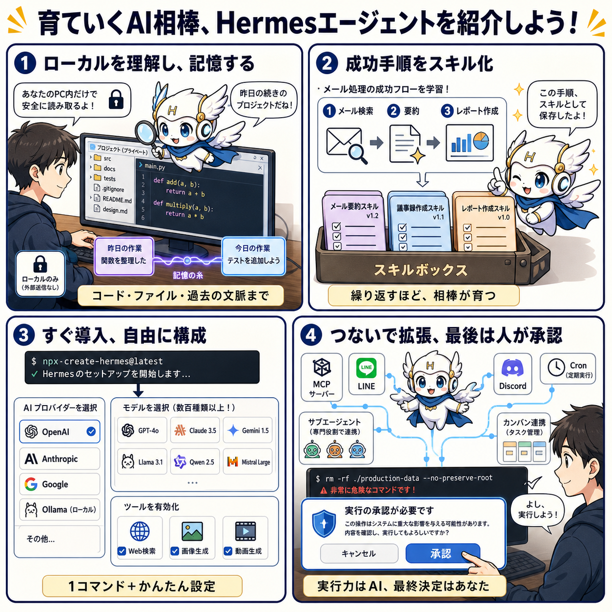育ていくAI相棒、Hermesエージェントを紹介しよう！ 내용을 설명하는 본문 이미지