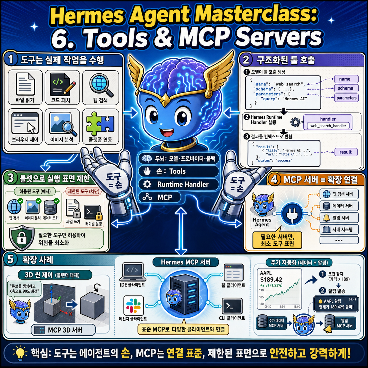 Hermes Agent Masterclass: 6. Tools & MCP Servers 내용을 설명하는 본문 이미지