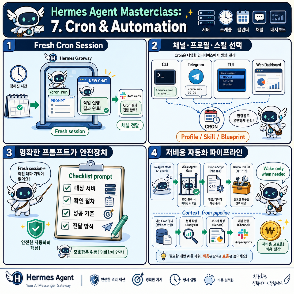 Hermes Agent Masterclass: 7. Cron & Automation 내용을 설명하는 본문 이미지