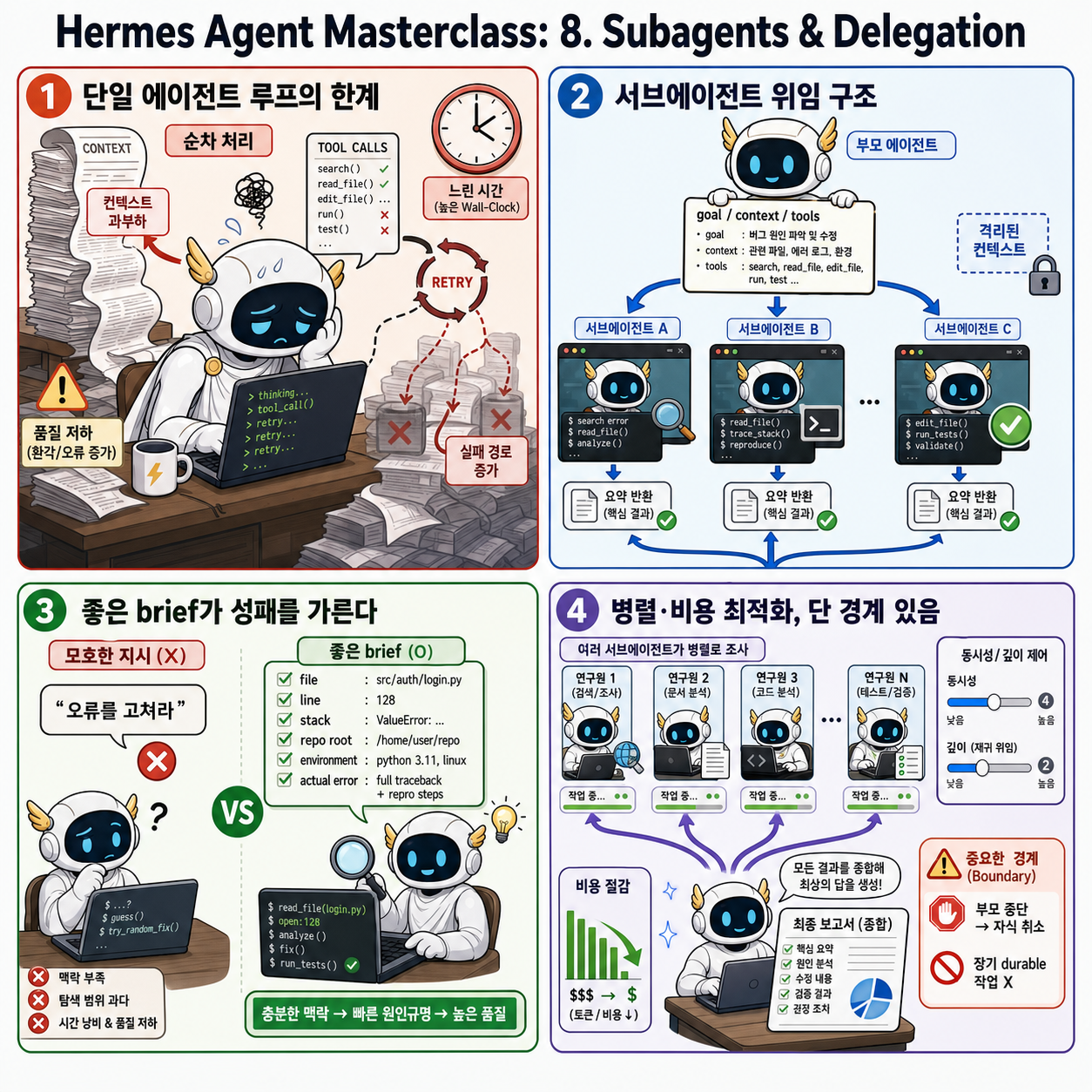 Hermes Agent Masterclass: 8. Subagents & Delegation 내용을 설명하는 본문 이미지