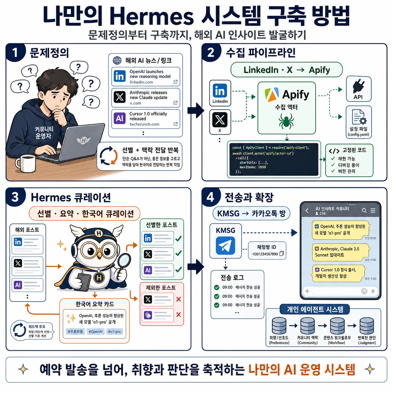 나만의 Hermes 시스템 구축 방법 (문제정의부터 구축까지, 해외 AI 인사이트 발굴하기) 내용을 설명하는 본문 이미지