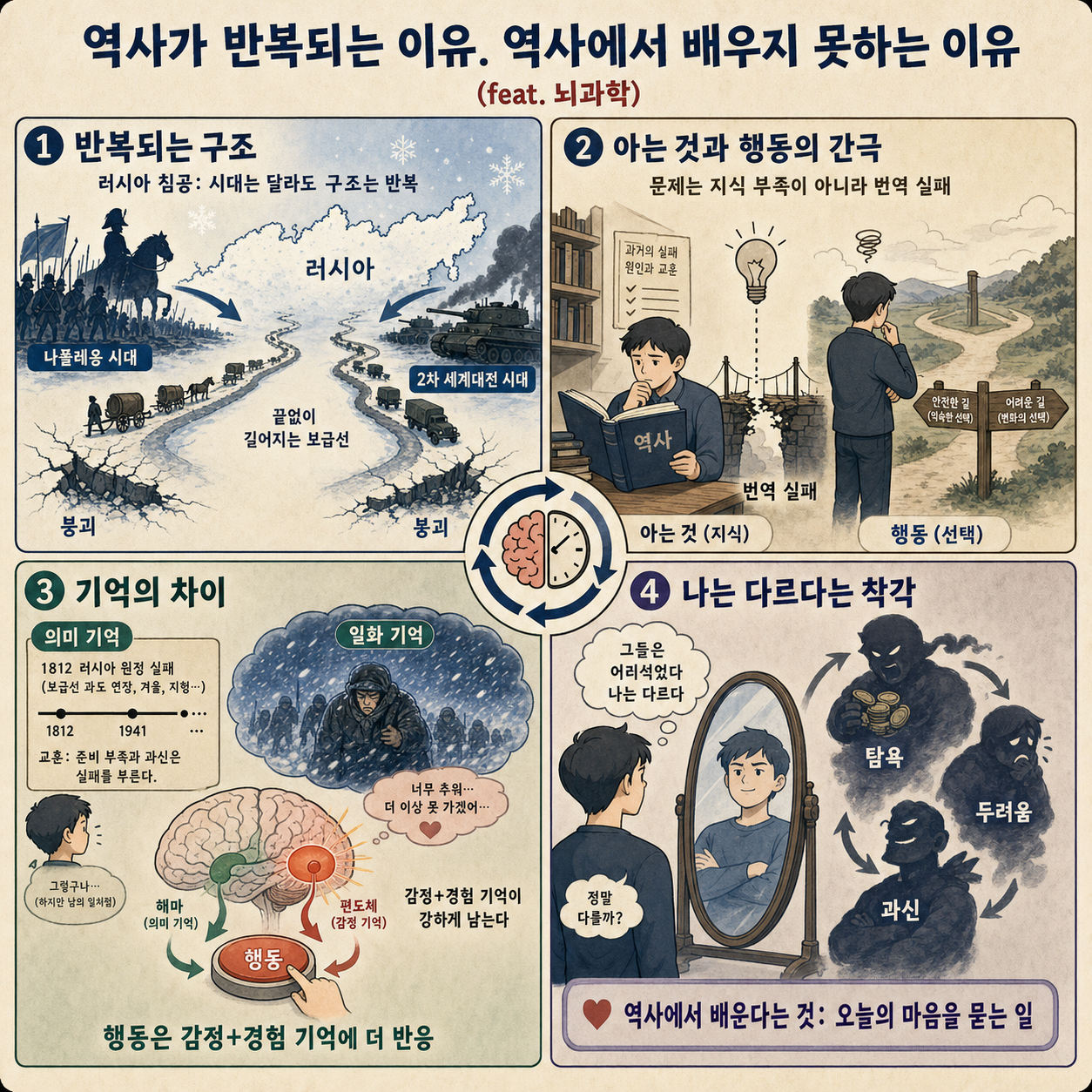역사가 반복되는 이유. 역사에서 배우지 못하는 이유 (feat. 뇌과학) 내용을 설명하는 본문 이미지