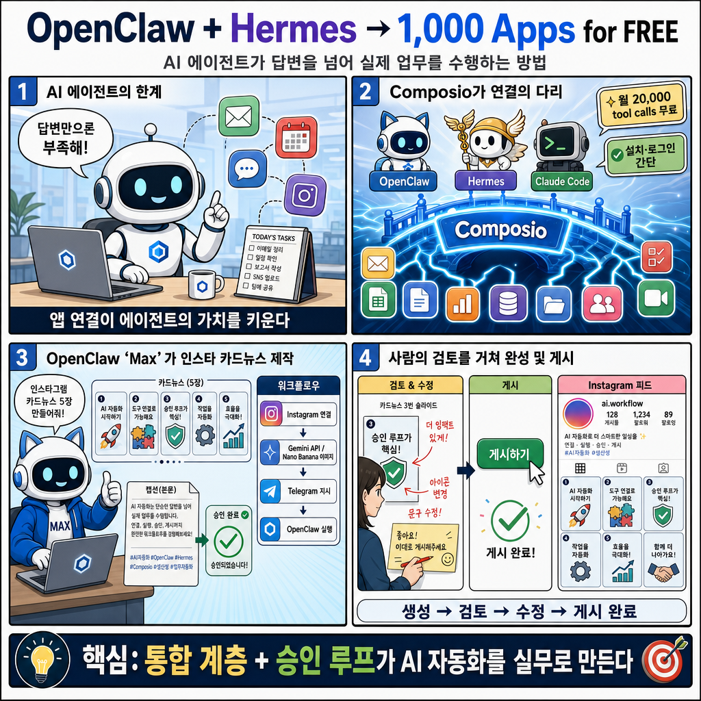 How I connected OpenClaw + Hermes to 1,000 apps for FREE 내용을 설명하는 본문 이미지