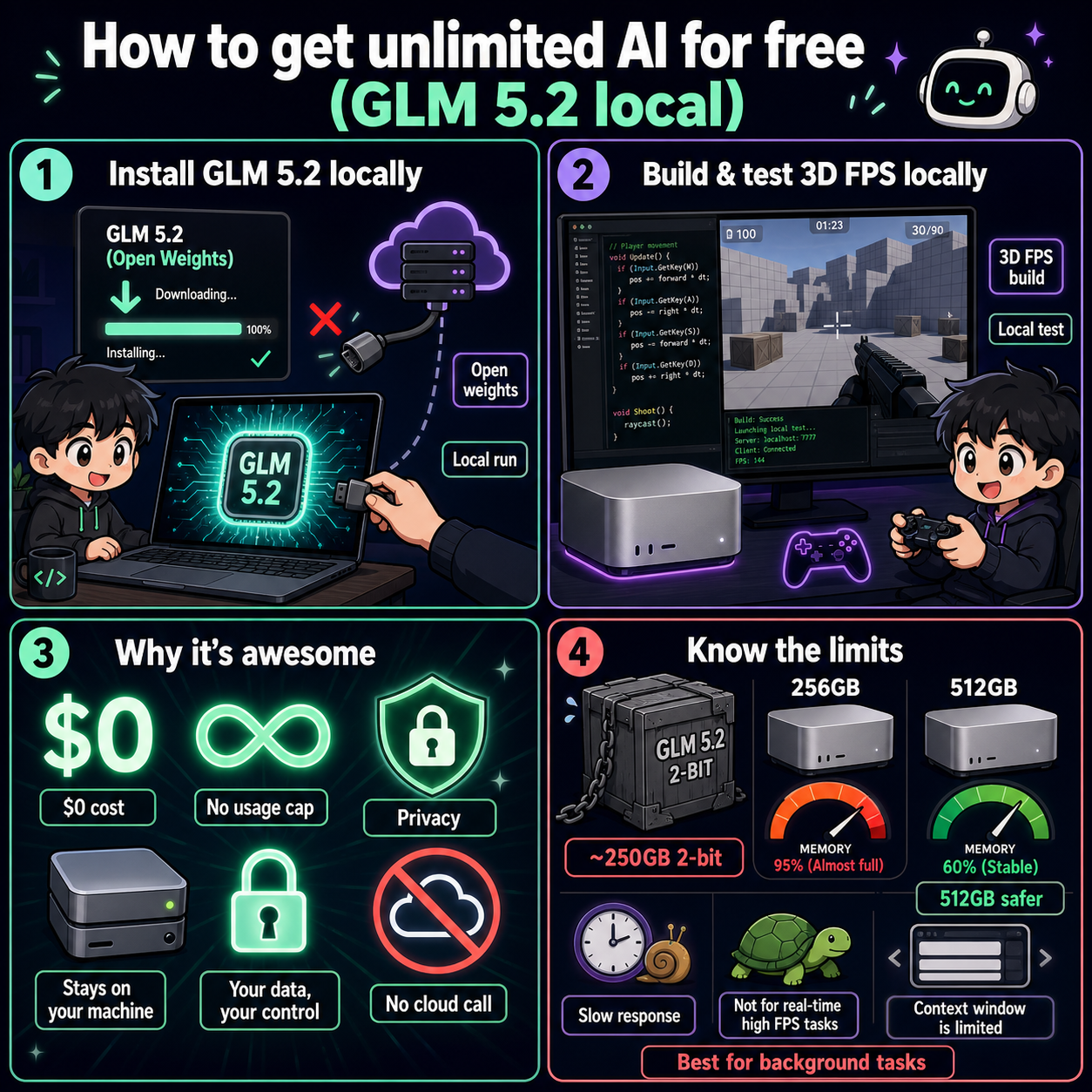 How to get unlimited AI for free (GLM 5.2 local) 내용을 설명하는 본문 이미지