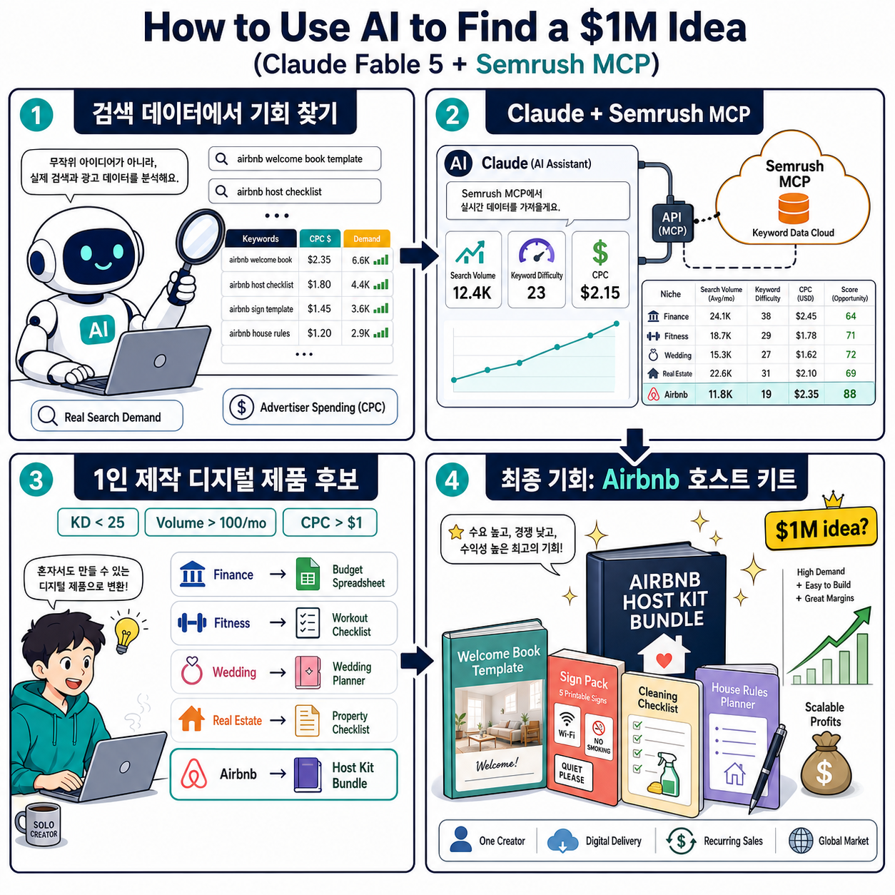 How to Use AI to Find a $1M Idea (Claude Fable 5 + Semrush MCP) 내용을 설명하는 본문 이미지