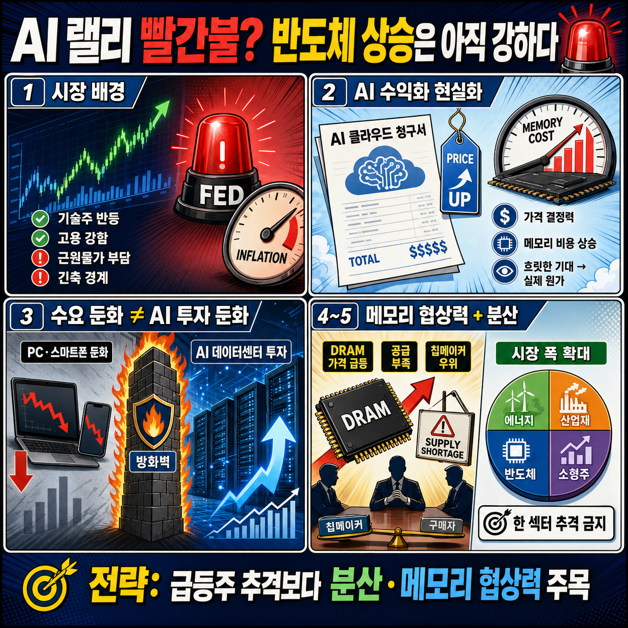 AI 랠리 빨간불 켜질까? 반도체 상승 변함없어" 이유 2가지 #이춘광 #삼성전자 #SK하이닉스 #마이크론 #빅테크 #AI #주식투자 #미국주식 #투자전략 내용을 설명하는 본문 이미지