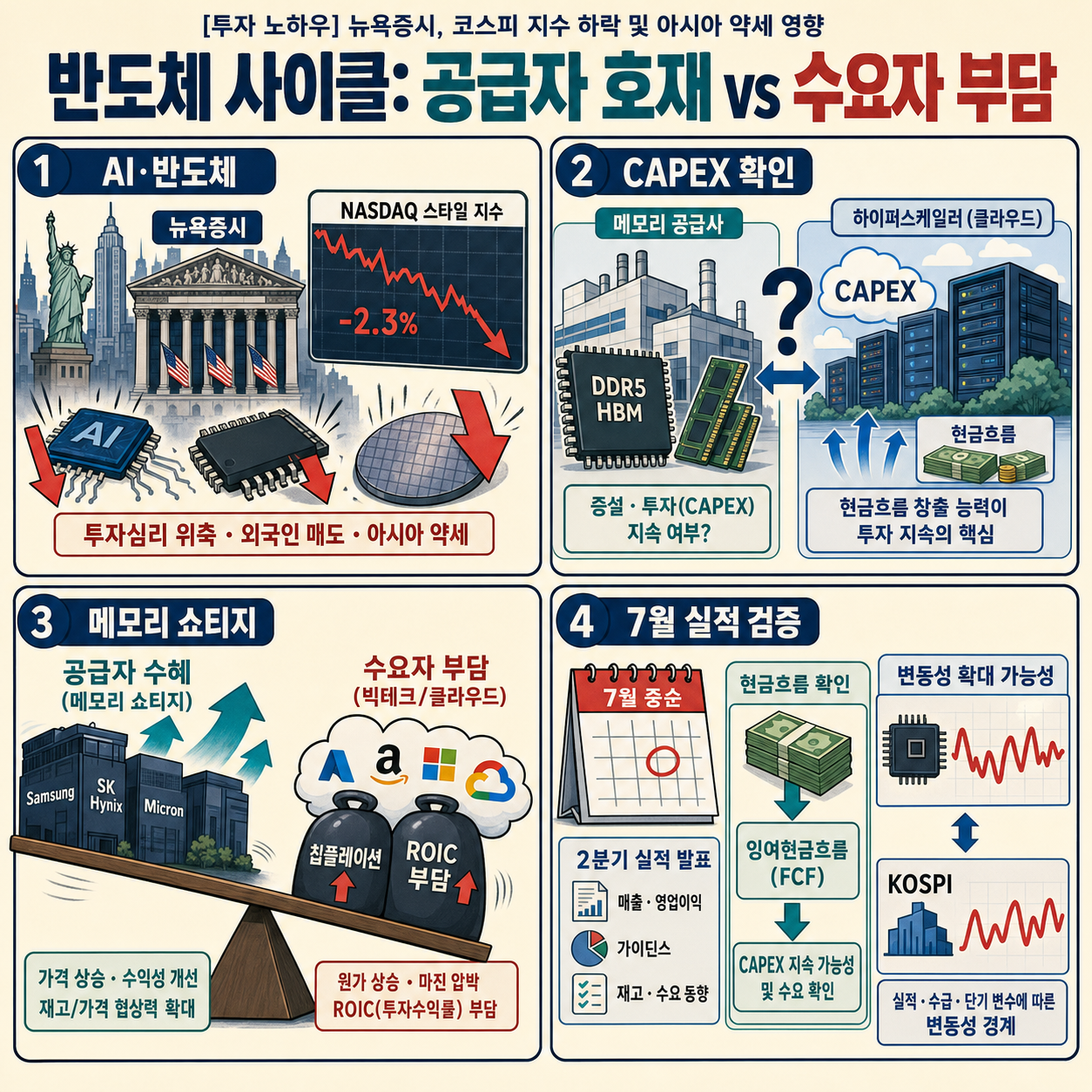 [투자 노하우] 뉴욕증시, 코스피 지수 하락 및 아시아 약세 영향 내용을 설명하는 본문 이미지