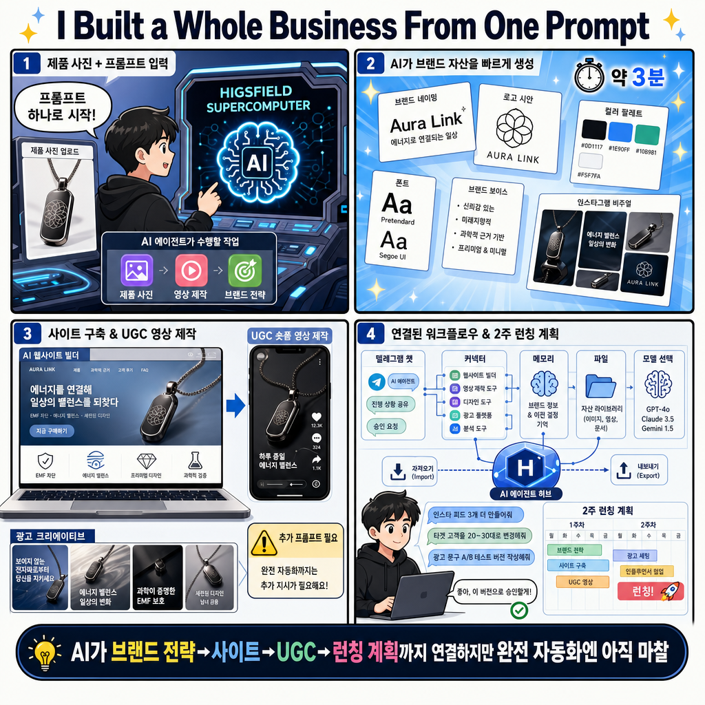 I Built a Whole Business From One Prompt (Brand Guide, Site, UGC, The Lot) 내용을 설명하는 본문 이미지