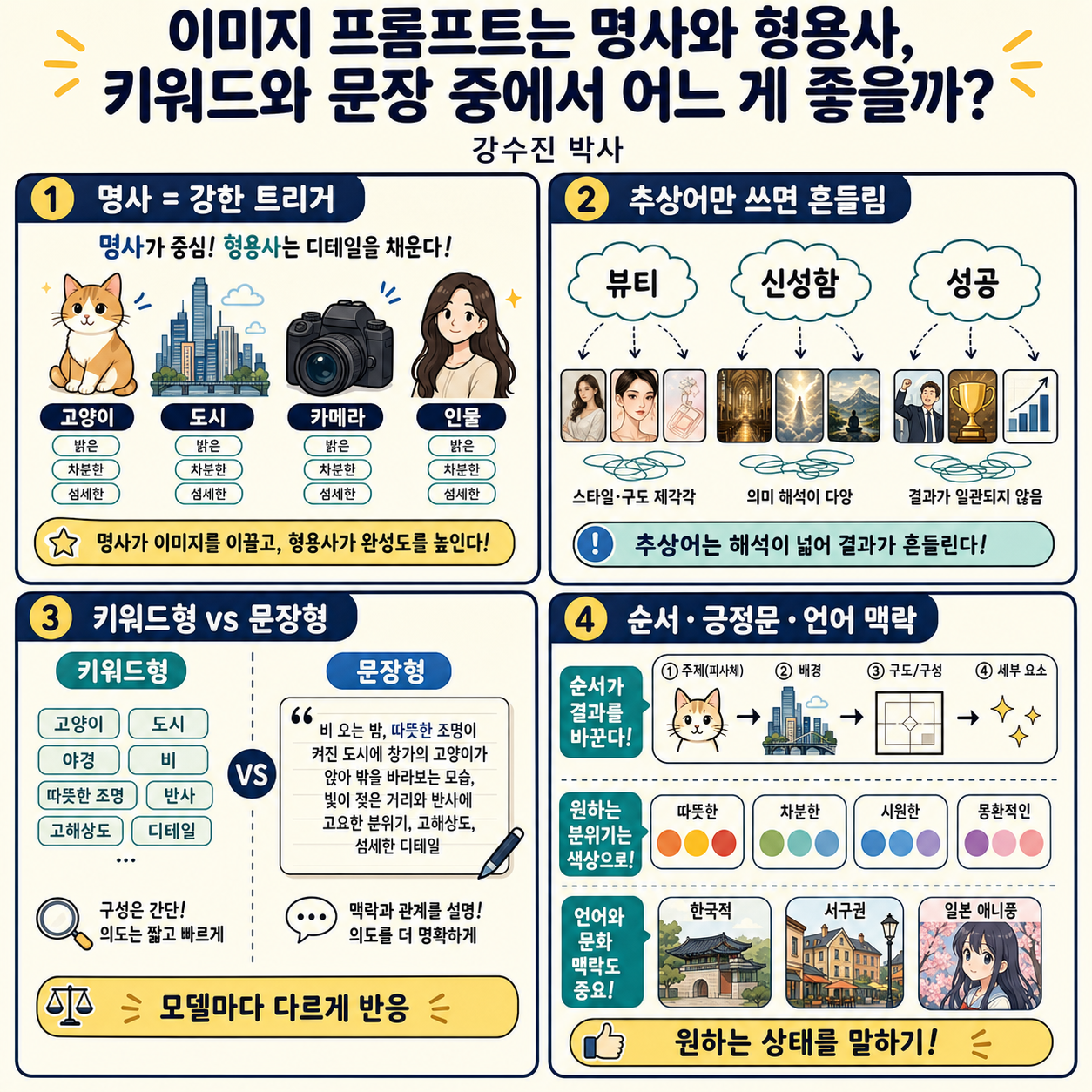 이미지 프롬프트는 명사와 형용사, 키워드와 문장 중에서 어느 게 좋을까? (강수진 박사) 내용을 설명하는 본문 이미지