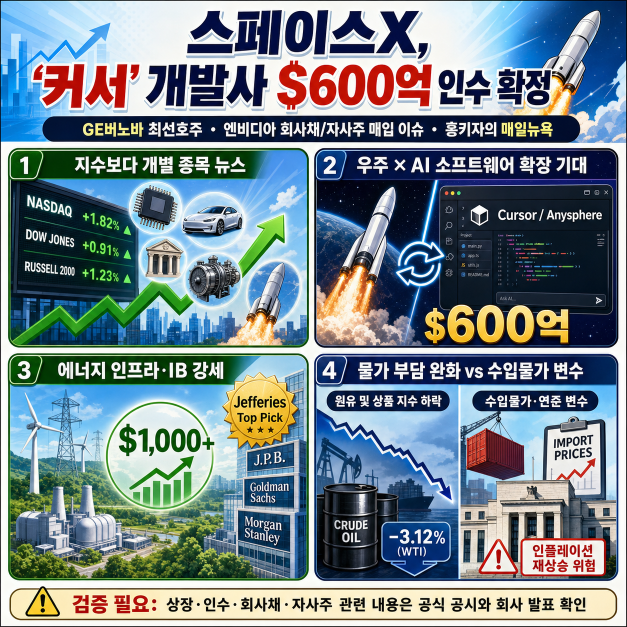 스페이스X, ''커서'' 개발사 $600억 인수 확정ㅣ제프리스, 최선호주로 ''GE버노바'' 선정ㅣ웨드부시 "엔비디아 자사주 매입위해 회사채 발행"ㅣ홍키자의 매일뉴욕 내용을 설명하는 본문 이미지