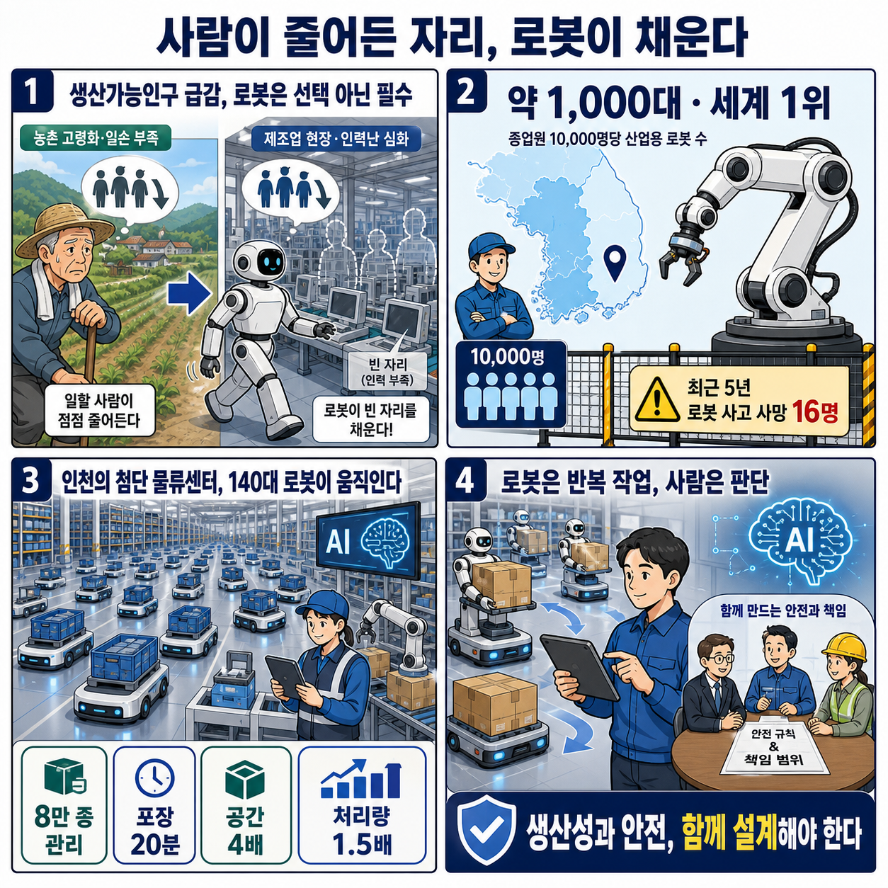 세계 1위 산업 로봇 밀도! 인구 감소와 고령화로 사람 자리를 채우는 로봇들... 내용을 설명하는 본문 이미지