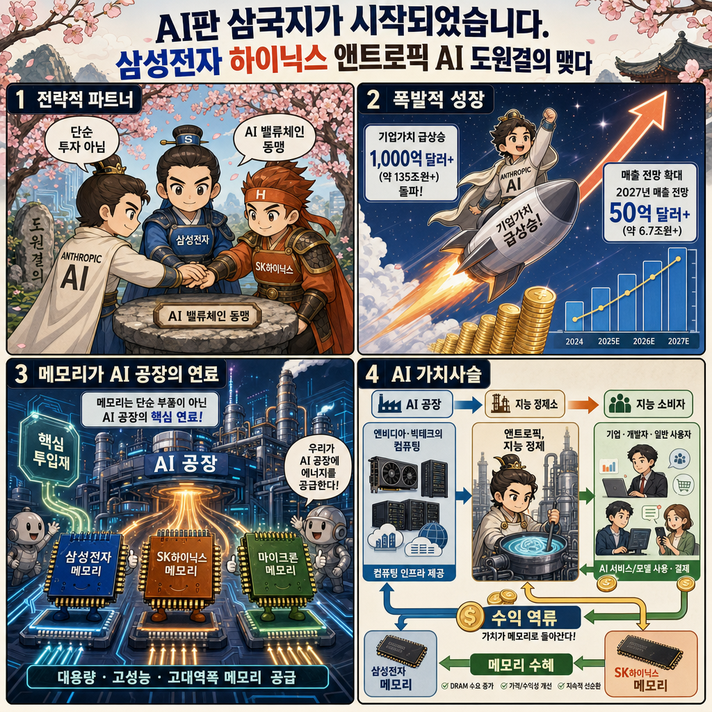 AI판 삼국지가 시작되었습니다. 삼성전자 하이닉스 앤트로픽 AI 도원결의 맺다 내용을 설명하는 본문 이미지