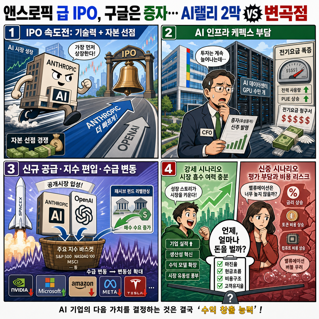 앤스로픽 급 IPO, 구글은 증자...AI랠리 2막 VS 변곡점 내용을 설명하는 본문 이미지