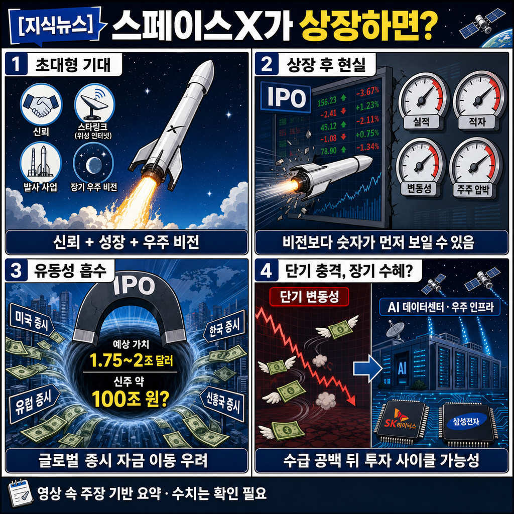 [지식뉴스] "전 세계 유동성 다 빨아들인다" 우주항공산업 IPO 후폭풍..스페이스X가 상장하면 진짜 벌어질 일 (ft.김치형 한국경제TV 앵커) / 교양이를 부탁해 내용을 설명하는 본문 이미지