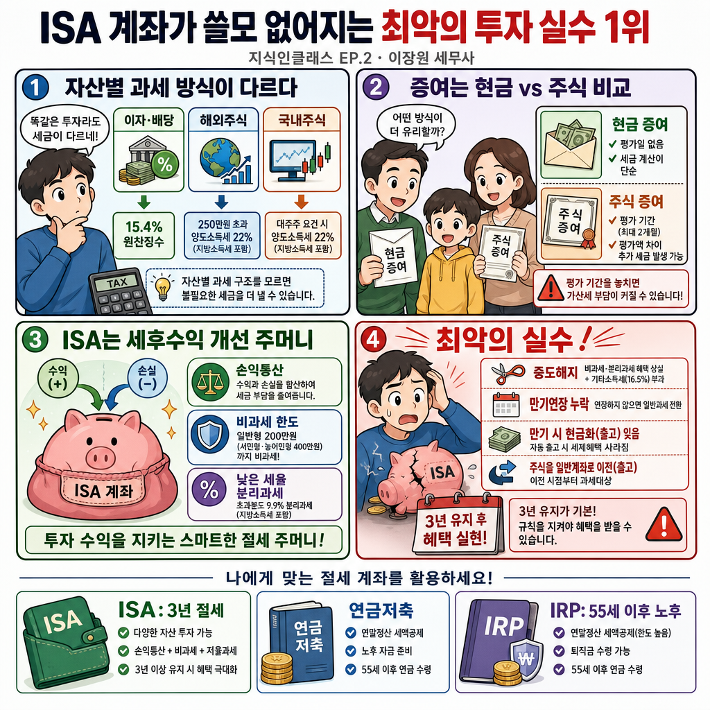 ISA 계좌가 쓸모 없어지는 최악의 투자 실수 1위ㅣ지식인클래스 EP.2 (이장원 세무사) 내용을 설명하는 본문 이미지