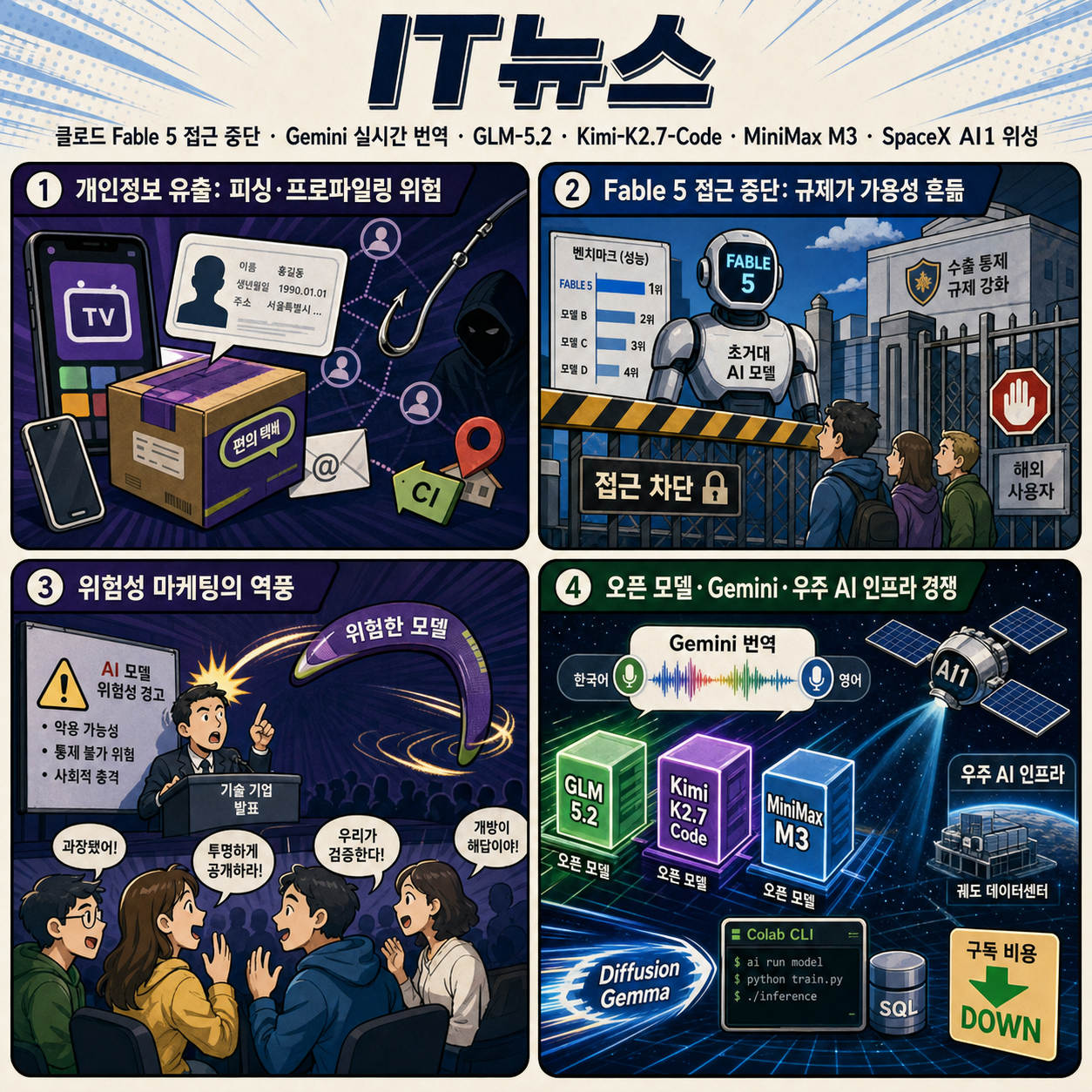 IT뉴스 - 클로드 Fable 5 접근 중단, Gemini 실시간 번역, GLM-5.2, Kimi-K2.7-Code, MiniMax M3, SpaceX AI1 위성 등 내용을 설명하는 본문 이미지