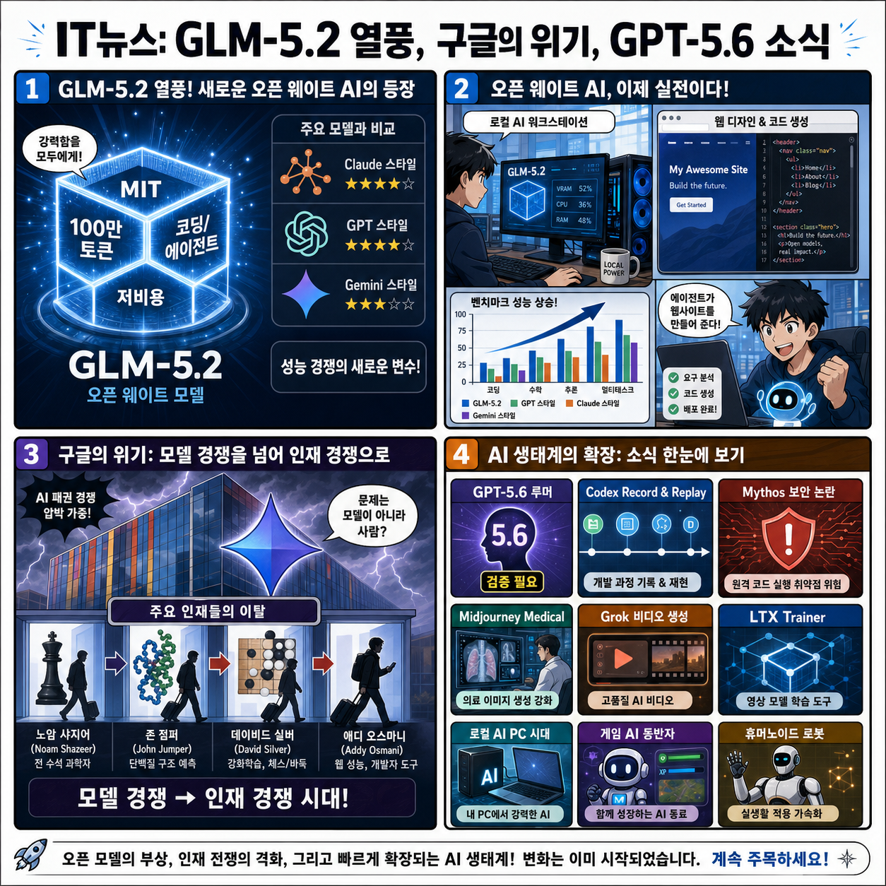 IT뉴스 - GLM-5.2 열풍, 구글의 위기, GPT-5.6 소식, Codex Record & Replay, Mythos 논란, 미드저니 근황 등 내용을 설명하는 본문 이미지