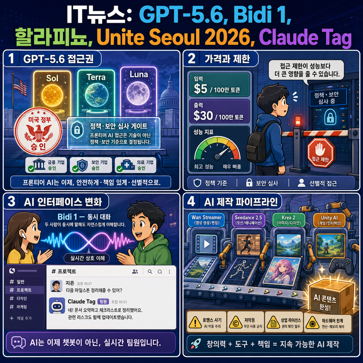 IT뉴스 - GPT‑5.6, Bidi 1, 할라피뇨, Unite Seoul 2026, Claude Tag, 애플 가격, Wan Streamer, 시댄스 2.5, Krea 2 등 내용을 설명하는 본문 이미지