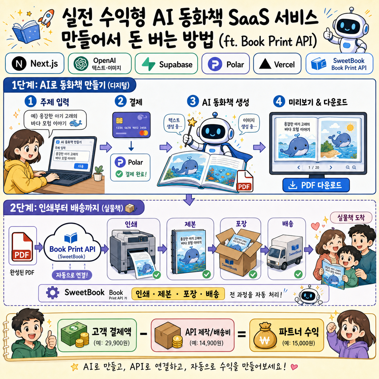실전 수익형 AI 동화책 SaaS 서비스 만들어서 돈 버는 방법 (ft. Book Print API) 내용을 설명하는 본문 이미지