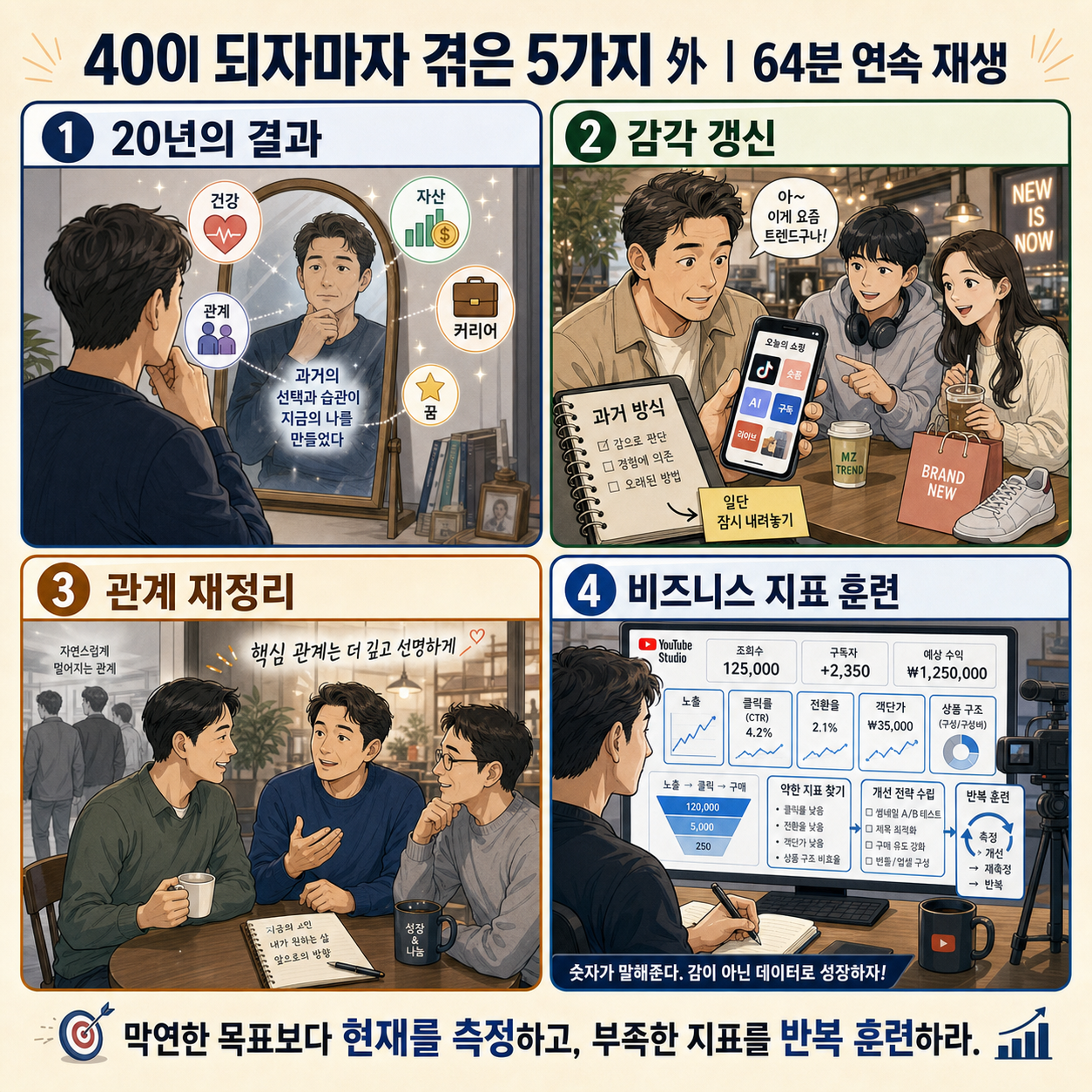 40이 되자마자 겪은 5가지 外 l 64분 연속 재생 내용을 설명하는 본문 이미지