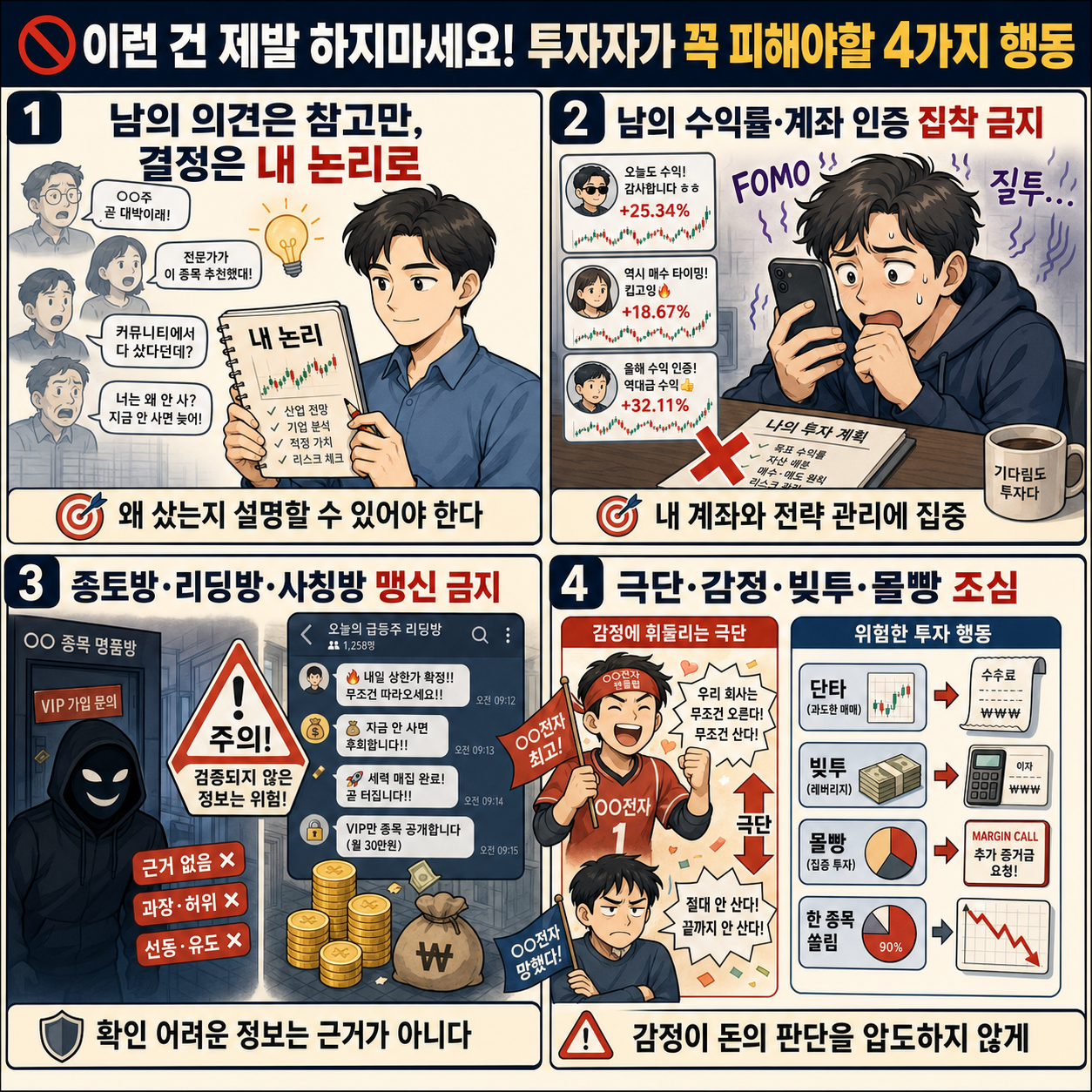 🚫이런 건 제발 하지마세요! 투자자가 꼭 피해야할 4가지 행동 내용을 설명하는 본문 이미지