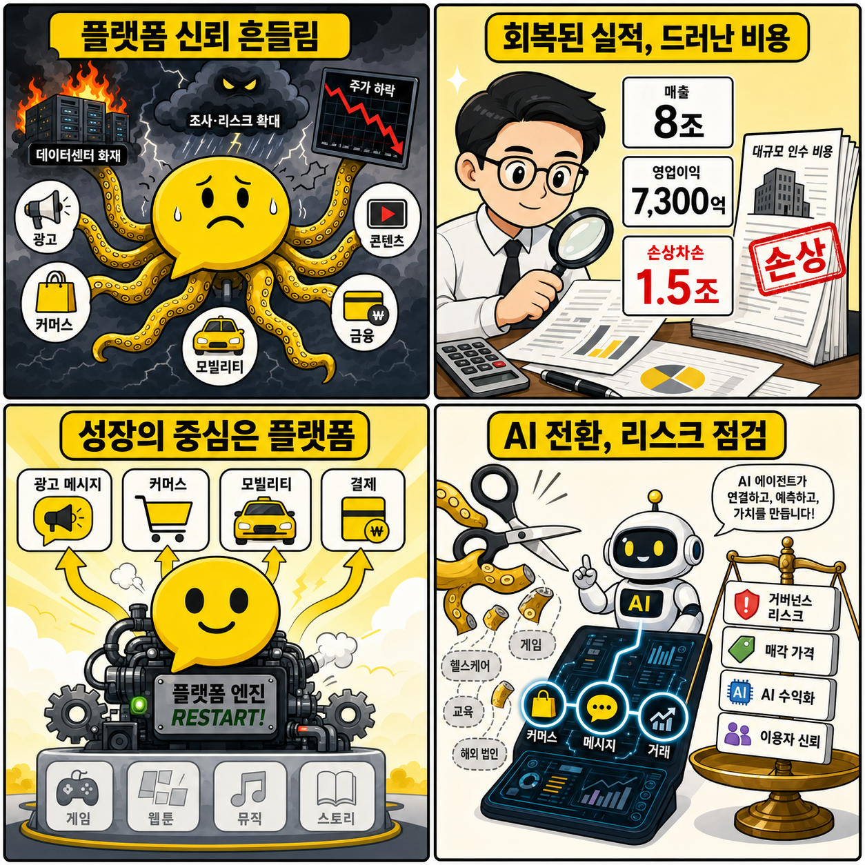 문어발 자르고 AI로 갈아타는 카카오? 회계사가 분석한 돋는 2025년 실적 l 위기의 카카오, 지금이니~? 재무제표로 보는 카카오의 진짜 가치 ㅣ 재보자 내용을 설명하는 본문 이미지