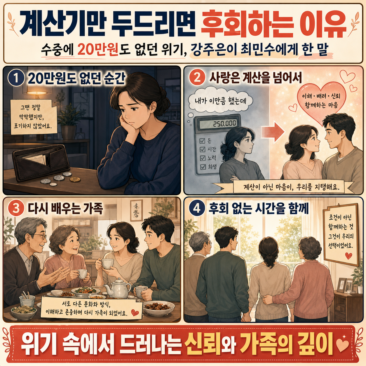 계산기만 두드리면 후회하는 이유 수중에 20만원도 없던 위기, 강주은이 최민수에게 한 말 내용을 설명하는 본문 이미지