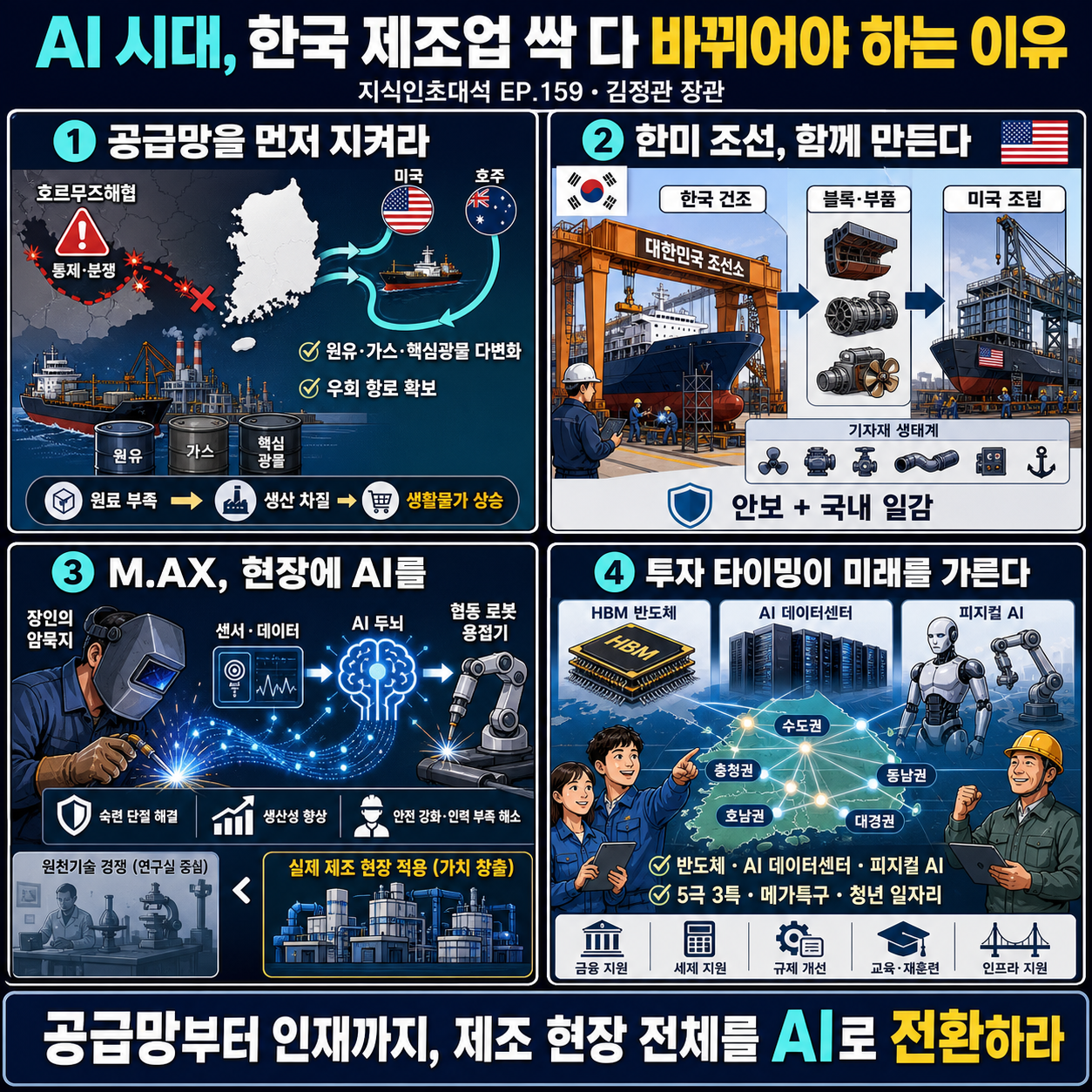 AI 시대, 한국 제조업 싹 다 바뀌어야 하는 이유ㅣ지식인초대석 EP.159 (김정관 장관) 내용을 설명하는 본문 이미지