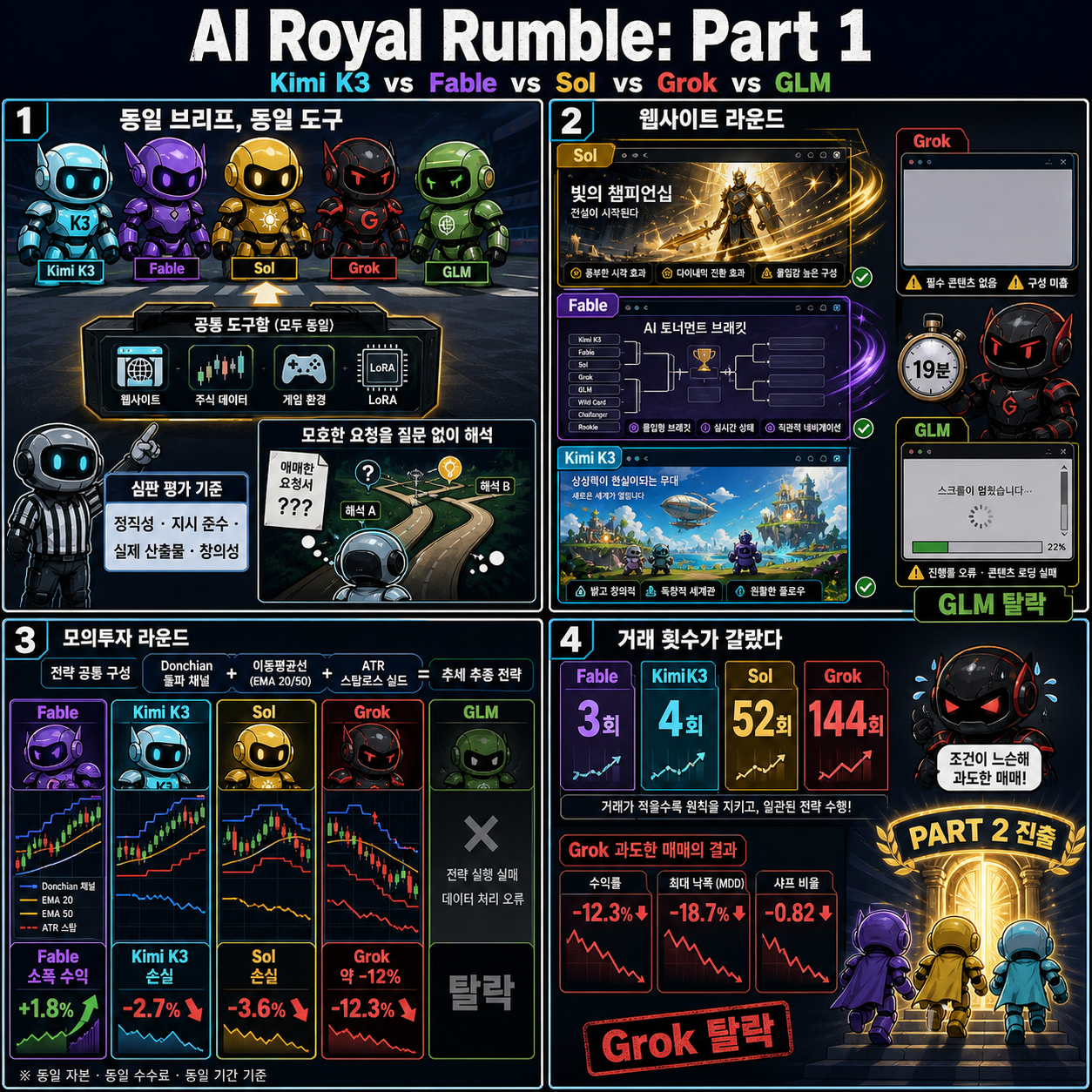 AI Royal Rumble: Part 1 (Kimi K3 v. Fable v. Sol v. Grok v. GLM) 내용을 설명하는 본문 이미지