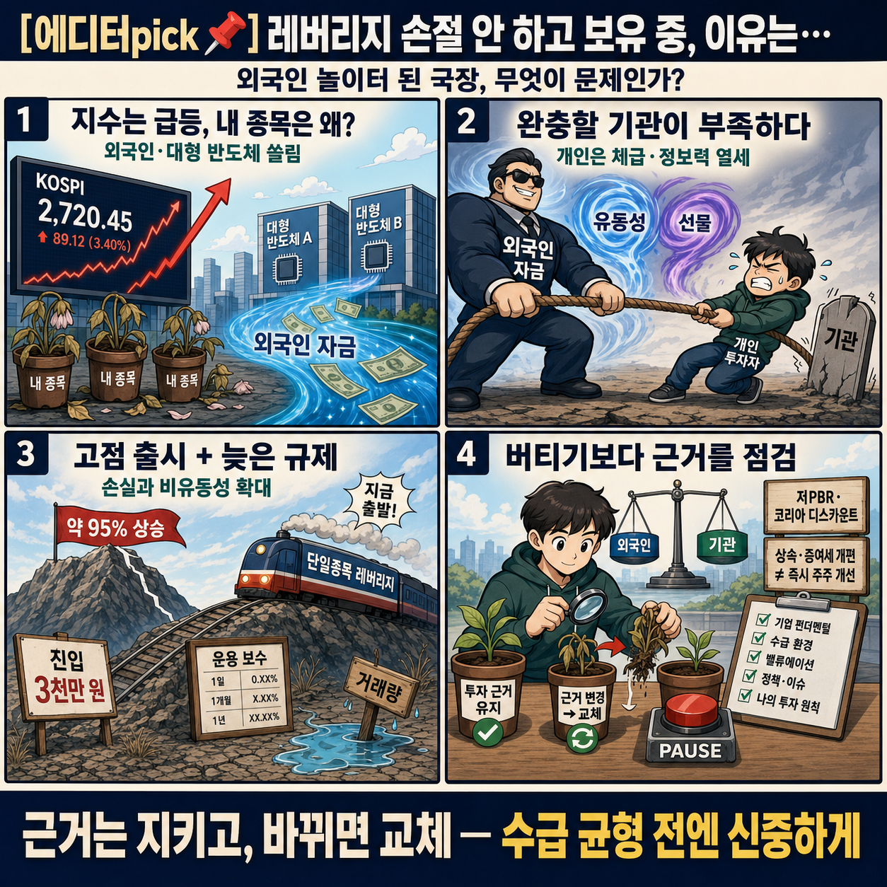 [에디터pick 📌] "레버리지 손절 안하고 보유중, 이유는.." 외국인 놀이터 된 국장 ''이것'' 때문 #레버리지 #주가누르기방지법 #외국인수급 #개미투자자 #기관투자자 #박병호 내용을 설명하는 본문 이미지