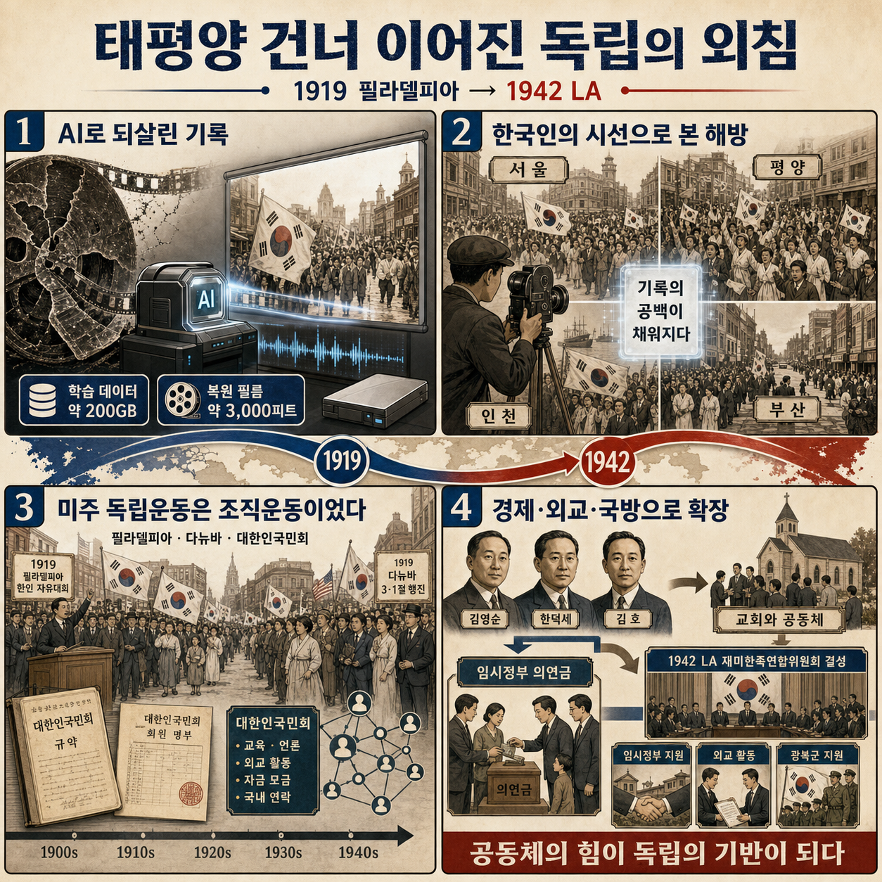 1919 필라델피아에서 1942 LA까지…태평양 건너 이어진 독립의 외침 ㅣ 광복절 기획 AI 영상 복원 프로젝트: 되찾은 시간 - 8.15의 기록 26.08.13 방송 내용을 설명하는 본문 이미지