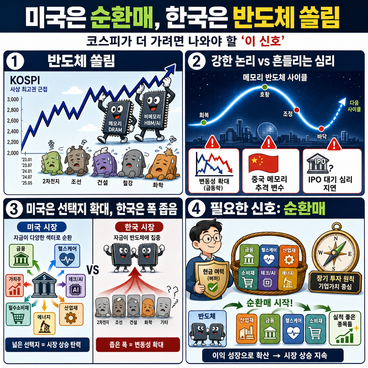 미국은 순환매, 한국은 반도체 쏠림" 코스피가 더 가려면 나와야 할 ''이 신호 내용을 설명하는 본문 이미지