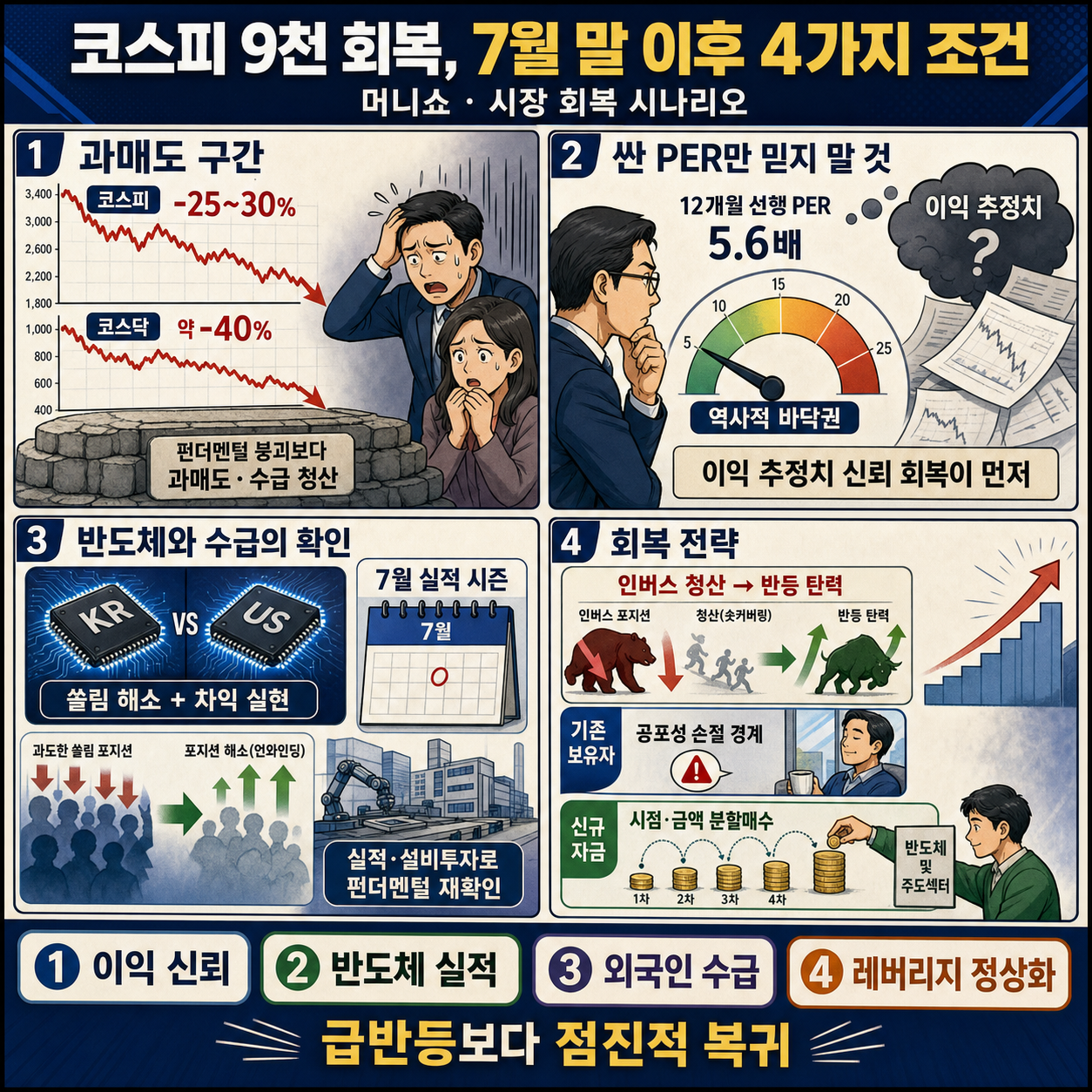 [머니쇼] 코스피 9천 회복하려면 7월 말 이후 4가지 조건 만족해야 (7월 21일 방송본) #코스피 #저점매수 #반도체 #외국인수급#레버리지 #투자전략 #주식투자 #한지영 내용을 설명하는 본문 이미지