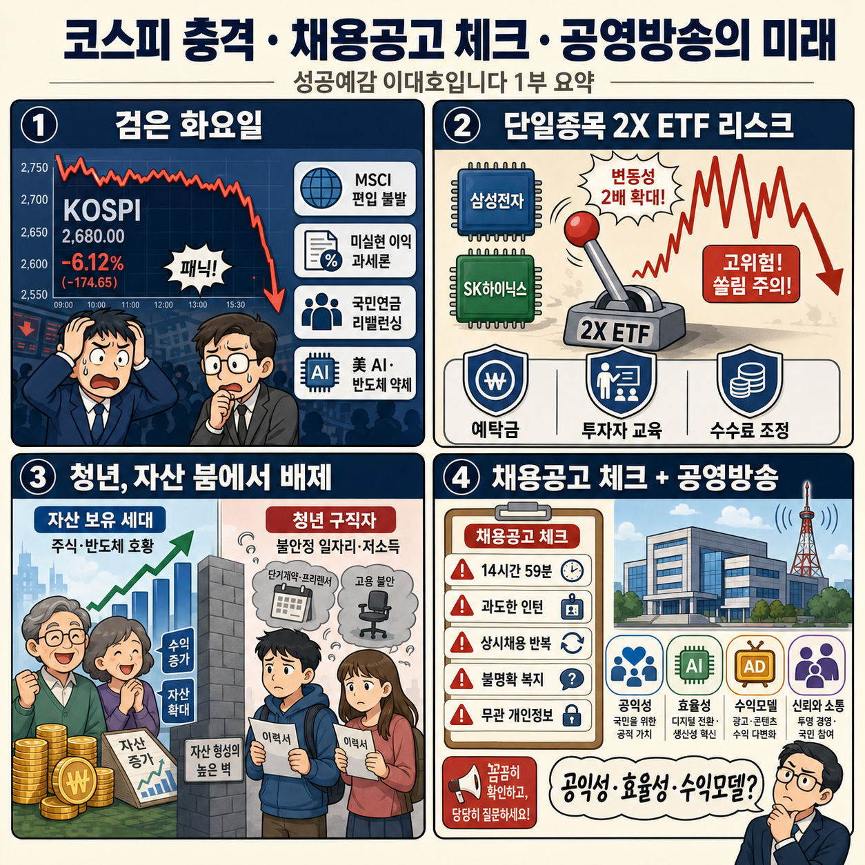 [성공예감 이대호입니다] 1부 풀영상｜코스피 ''검은 화요일''…MSCI 선진국지수 편입 불발｜구직자가 알아야 할 ''채용공고 체크포인트''｜공영방송이 필요한 이유｜KBS 260624방송 내용을 설명하는 본문 이미지
