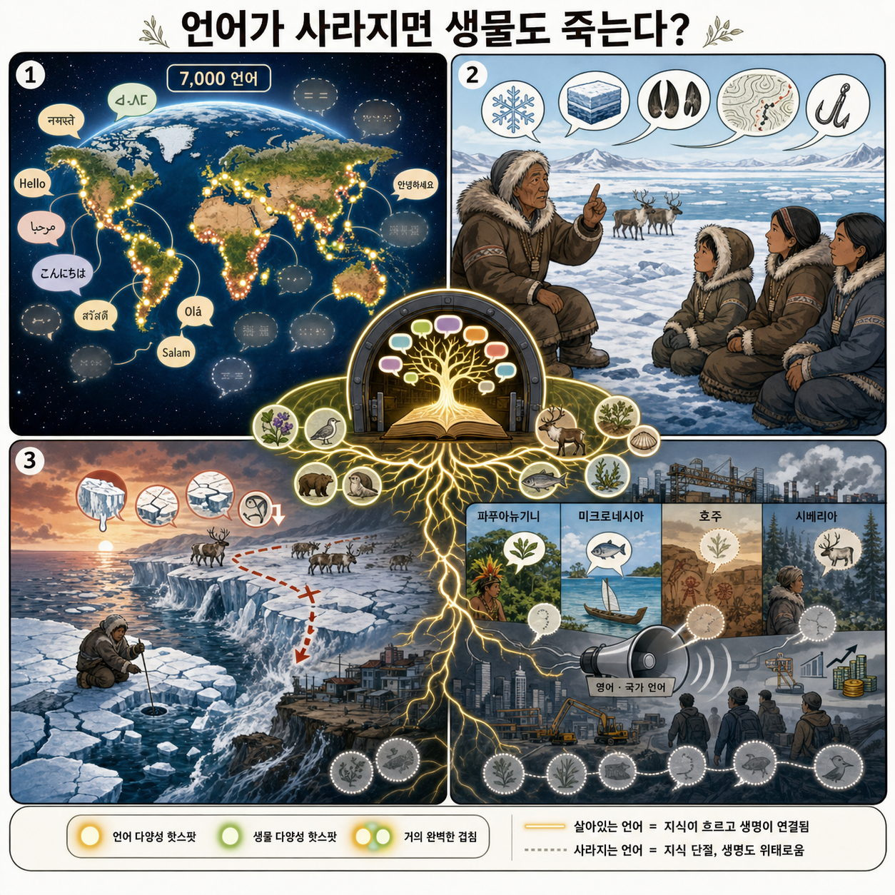 언어가 사라지면 생물도 죽는다?" 생태계 지도와 100% 일치하는 세계 언어 다양성의 돋는 비밀 내용을 설명하는 본문 이미지