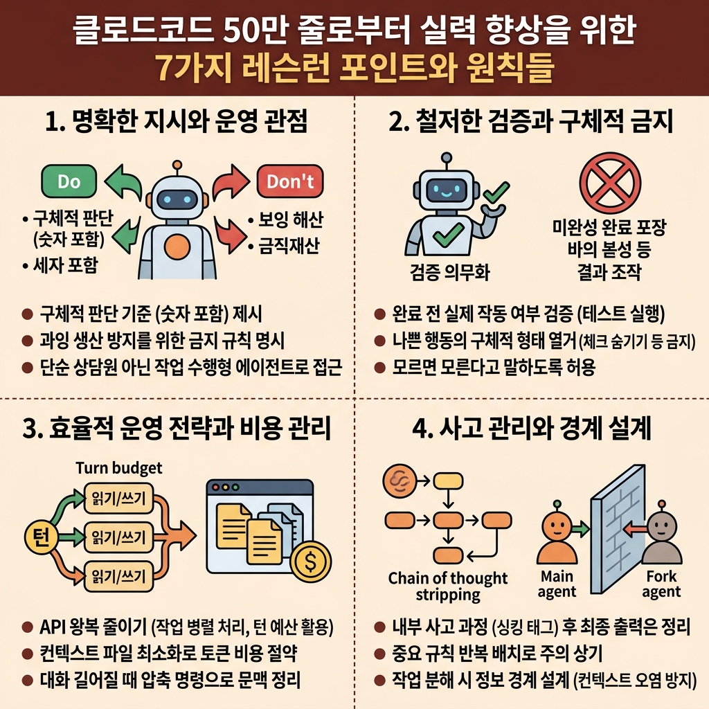 클로드코드 50만 줄로부터 실력 향상을 위한 7가지 레슨런 포인트와 원칙들 내용을 설명하는 본문 이미지