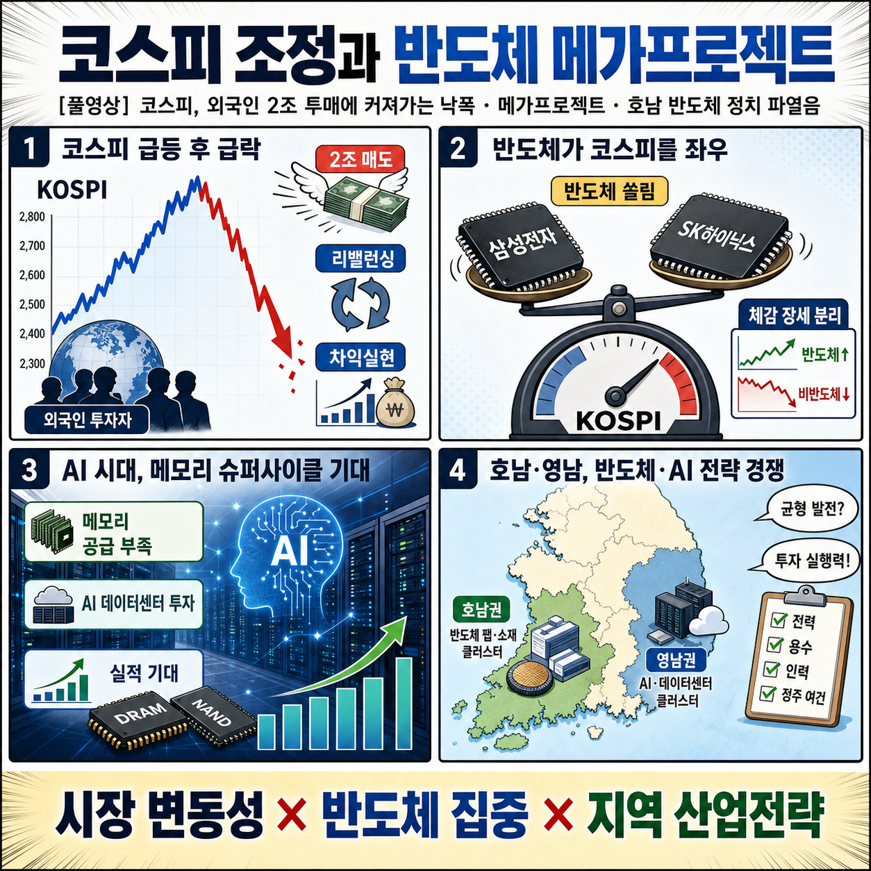 [풀영상]📍코스피, 외국인 2조 투매에 커져가는 낙폭📍메가프로젝트 구체적인 내용은?📍"영남 역차별"vs"생존 균형 발전" ''호남 반도체'' 정치 파열음｜KBS 260629 방송 내용을 설명하는 본문 이미지