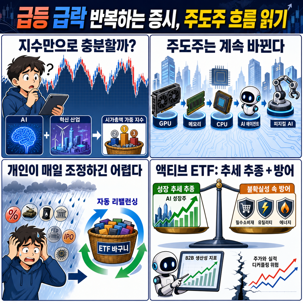 🎬 급등 급락 반복하는 증시, 혼란 속에서도 주도주 흐름 놓치지 않는 투자법 내용을 설명하는 본문 이미지