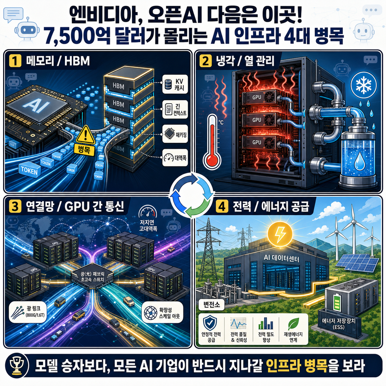 엔비디아, 오픈AI 다음은 이곳! 7,500억 달러가 몰리는 AI 인프라 4대 병목 (조용민 언바운드랩스 대표, 이용권 고릴라PE 파트너) 내용을 설명하는 본문 이미지