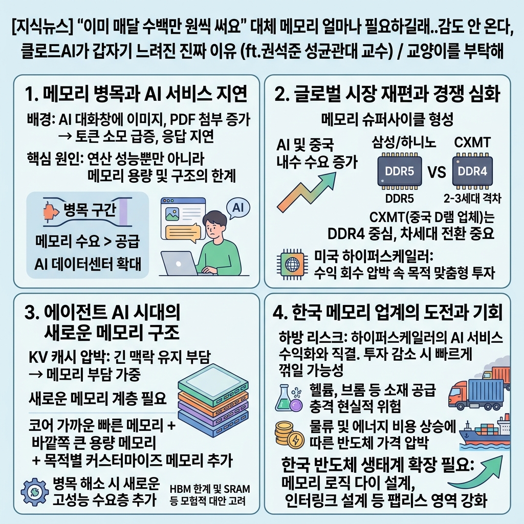 [지식뉴스] "이미 매달 수백만 원씩 써요" 대체 메모리 얼마나 필요하길래..감도 안 온다, 클로드AI가 갑자기 느려진 진짜 이유 (ft.권석준 성균관대 교수) / 교양이를 부탁해 내용을 설명하는 본문 이미지