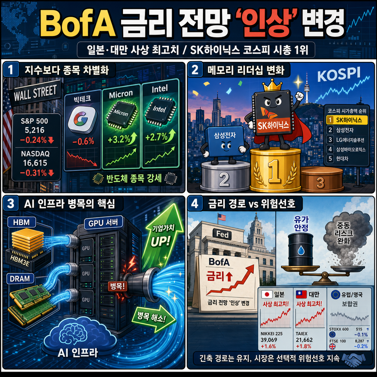 BofA, 올해 연준 기준금리 전망 ''인상''으로 변경ㅣ일본&대만 증시 사상 최고치 경신ㅣSK하이닉스, 삼성 꺾고 코스피 시총 1위 올라ㅣ홍키자의 매일뉴욕 내용을 설명하는 본문 이미지