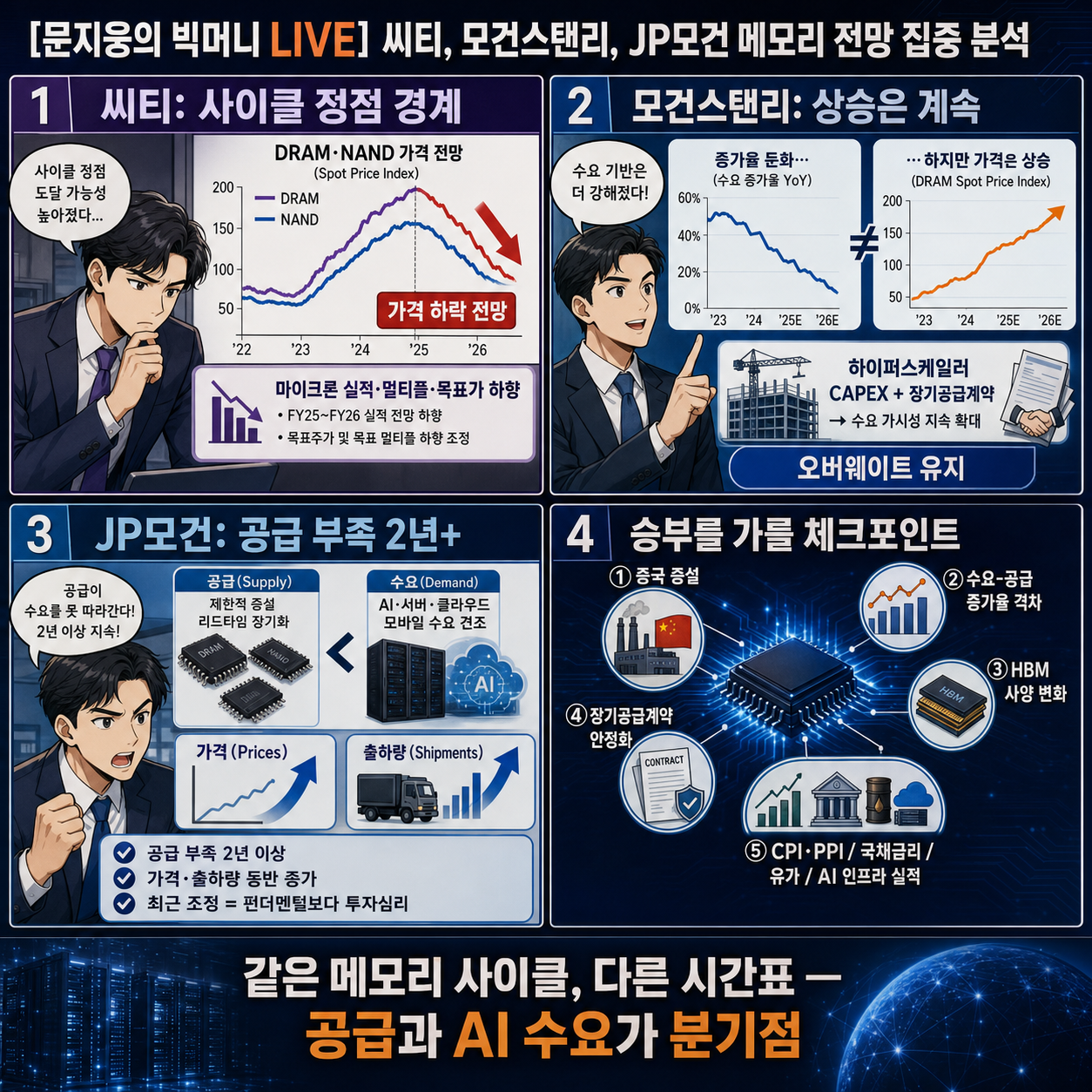 [문지웅의 빅머니 LIVE] 씨티, 모건스탠리, JP모건 메모리 전망 집중 분석 내용을 설명하는 본문 이미지