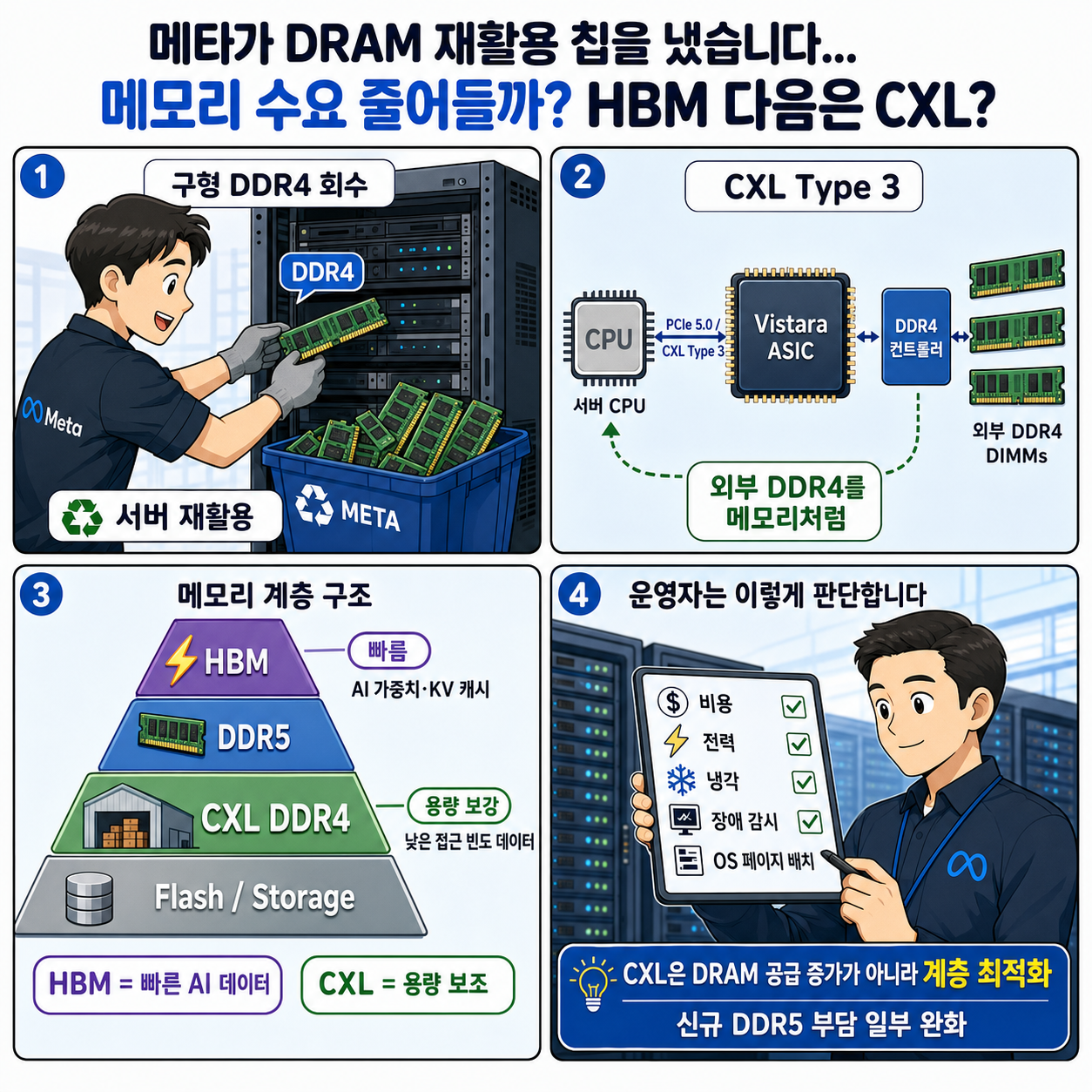 메타가 DRAM 재활용 칩을 냈습니다... 메모리 수요 줄어들까? HBM 다음은 CXL? 내용을 설명하는 본문 이미지