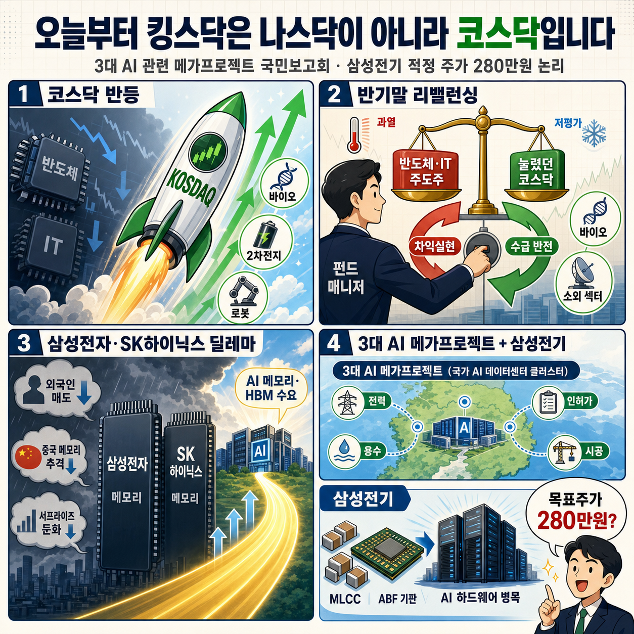 오늘부터 킹스닥은 나스닥이 아니라 코스닥입니다ㅣ3대 AI 관련 메가프로젝트 국민보고회ㅣ양승수 ''삼성전기 적정 주가? "280만원 내용을 설명하는 본문 이미지