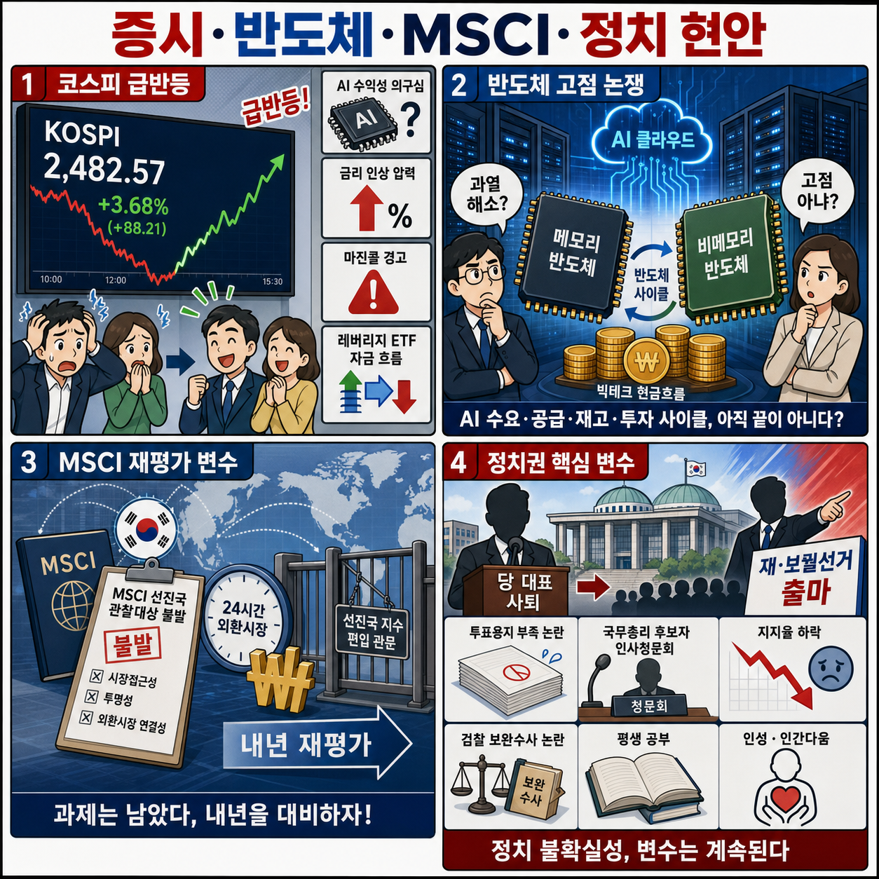 [풀영상]📍코스피, 전날 폭락 딛고 3~4%대 급반등📍코스피 급락했지만 삼전·하닉 아직 고점 아니다?📍정청래, 민주당 대표 전격 사퇴···연임 도전한다｜KBS 260624방송 내용을 설명하는 본문 이미지